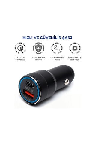 Usb Type C Araç Şarj Cihazı Siyah Renk- 2 Port, Hızlı Şarj 30w Çakmaklık Adaptörü