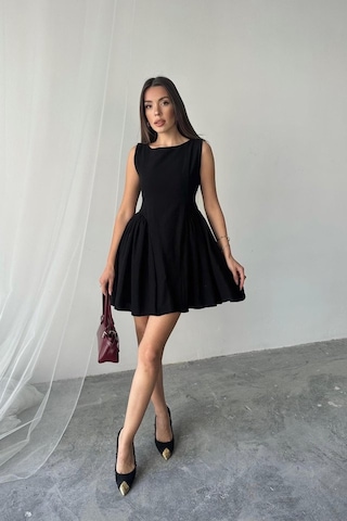 Dogutrend Siyah Mini Boy Büzgülü Keten Elbise