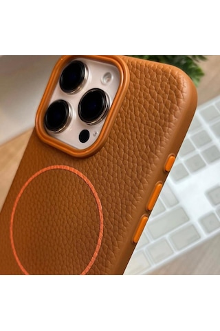 Apple Uyumlu iPhone 15 Plus Beats Magsafe Deri Görünümlü Silikon Kılıf Kapak Turuncu