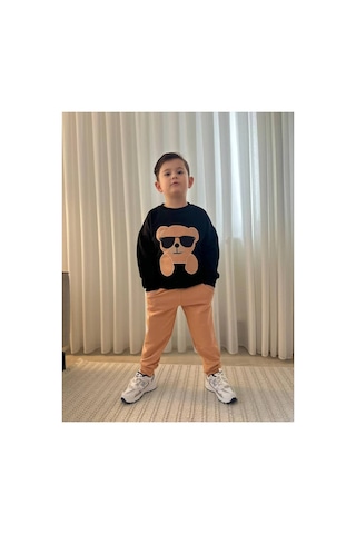 Jeliboomkidswear Erkek Çocuk 3-10 Yaş 2 İplik Riklalı Günlük Eşofman Takımı Siyah-camel
