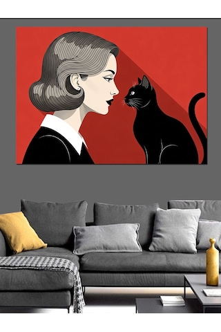 Ahşap Tablo Kara Kedi Ve Kadın Profili