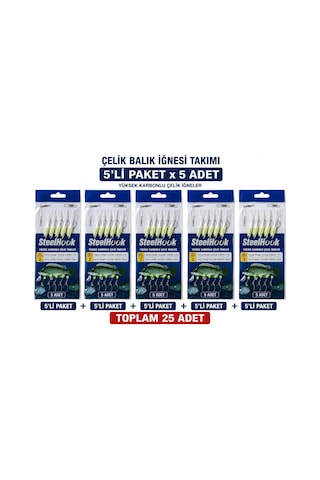 Valkyrie Fosforlu Çelik Balık İğnesi Takımı 5 Li Paket X 5 Adet Toplam 25 İğne Hazır Olta Gece Parlayan Yemli Çapari Cm - 50