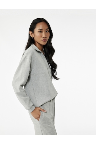 Koton Rahat Kalıp Modal Kumaş Uzun Kollu Polo Yaka Sweatshirt Gri Melanj 6wak10096ek Gri Melanj