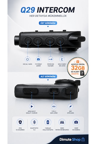 Q29 Motosiklet Kask Intercom Bluetooth Kulaklık 1080p Kamera Ipx6 Su Geçirmez 500m