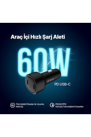 Ttec Süper Hızlı 60w 2x Pd Type-c Araç Şarj Cihazı, 12/24v Çakmaklık Girişli Akım Ve Isı Korumalı