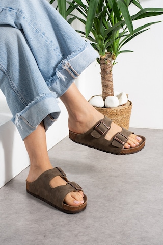 Stwenn Çift Tokalı Ortopedik Taban Terlik Unisex Günlük Rahat Kaymaz Taban Yazlık Sandalet Vizon