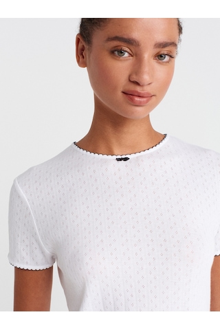 Dilvin 31795 Fiyonk Detaylı Kısa Kollu Kontrast T-shirt-beyaz Beyaz