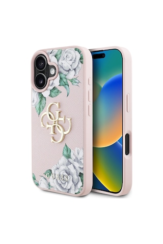 Apple Uyumlu iPhone 16 Kılıf Guess Lisanslı Gül Baskılı Büyük Metal Logo Dizaynlı Kapak Pembe