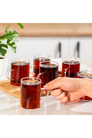 Porsima Pbt-789 6lı Borosilikat Isıya Ateşe Dayanıklı Cam Kulplu Çay Bardağı Kahve Bardak Kupa Seti 250ml Cam - Şeffaf