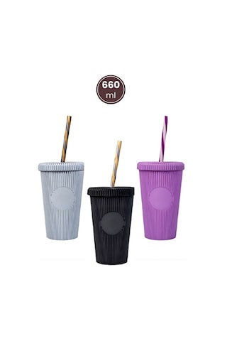 3 Adet Pipetli Kapaklı Opak Bardak 660 Ml, Smoothie Meşrubat İçecek Bardağı Mor-gri-siyah 3 Lü Set Renkli