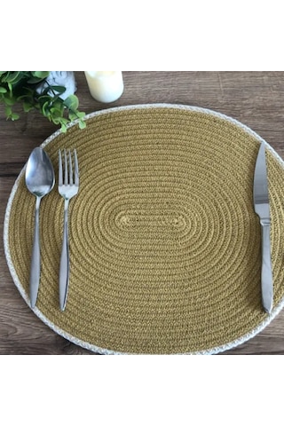 Uretti - Fatma 7987 - El Yapımı Hardal Renk Doğal Pamuk İp 6'lı Supla Takımı - 33 X 40 Cm Hardal