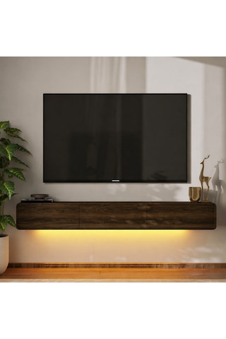 İnarch Dizayn Alba Led Işıklı Duvara Monte Tv Sehpası - 3 Kapaklı Tasarım Ceviz