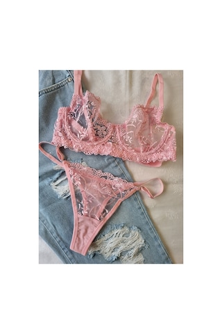 Demirsa Boutique Çiçek Desenli Dantelli Pembe Sütyen Ve Tanga, İç Çamaşır Takımı Pembe