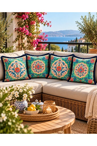 Oriental Bloom Çiçek Desenli 4 Lü Saçaklı Kırlent Kılıfı 45 x 45