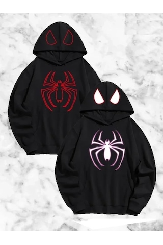 Valensdesign Sevgili Çift Kombini Örümcek Baskılı Kapüşonlu Sweatshirt Hoodie - Siyah