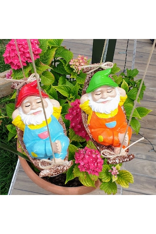 Dafniart Hamakta Yatan Cüce Bahçıvan Balkon Bahçe Dekor Mavi Tulumlu Cüce