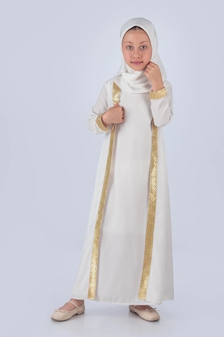 Eşarplı Ferace Medine İpek Kumaş Kız Çocuk Beyaz