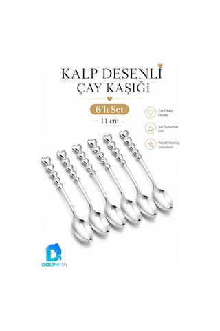 Kalp Desenli Çay Kaşığı 6 Lı Set 11 Cm Parlak Gümüş Renkli Zarif Sunum Kaşığı Metalik