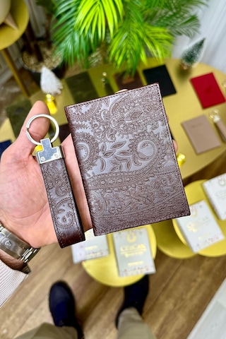 Premium Deri Ruhsat Kılıfı Ve Anahtarlık Seti Kahverengi Motifli