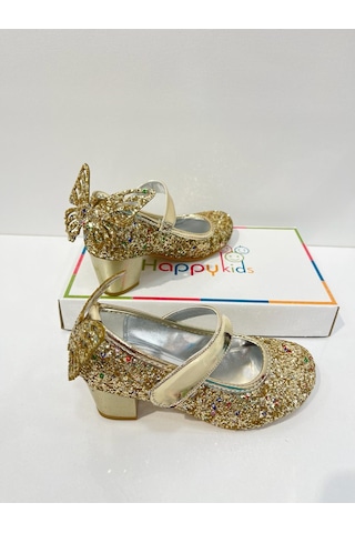 Butikhappykids Kız Çocuk Abiye Ayakkabı Gold Kelebekli Pırıltılı Parti -doğum Günü Topuklu Kız Çocuk Ayakkabı Gold Altın