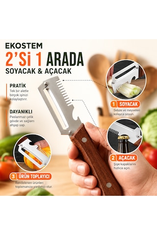 2 İn 1 Çok Fonksiyonlu Sebze Soyacağı Kesme, Soyma, Açma, Rendeleme, Dilimleme Dahil Paslanmaz Çelik Ahşap