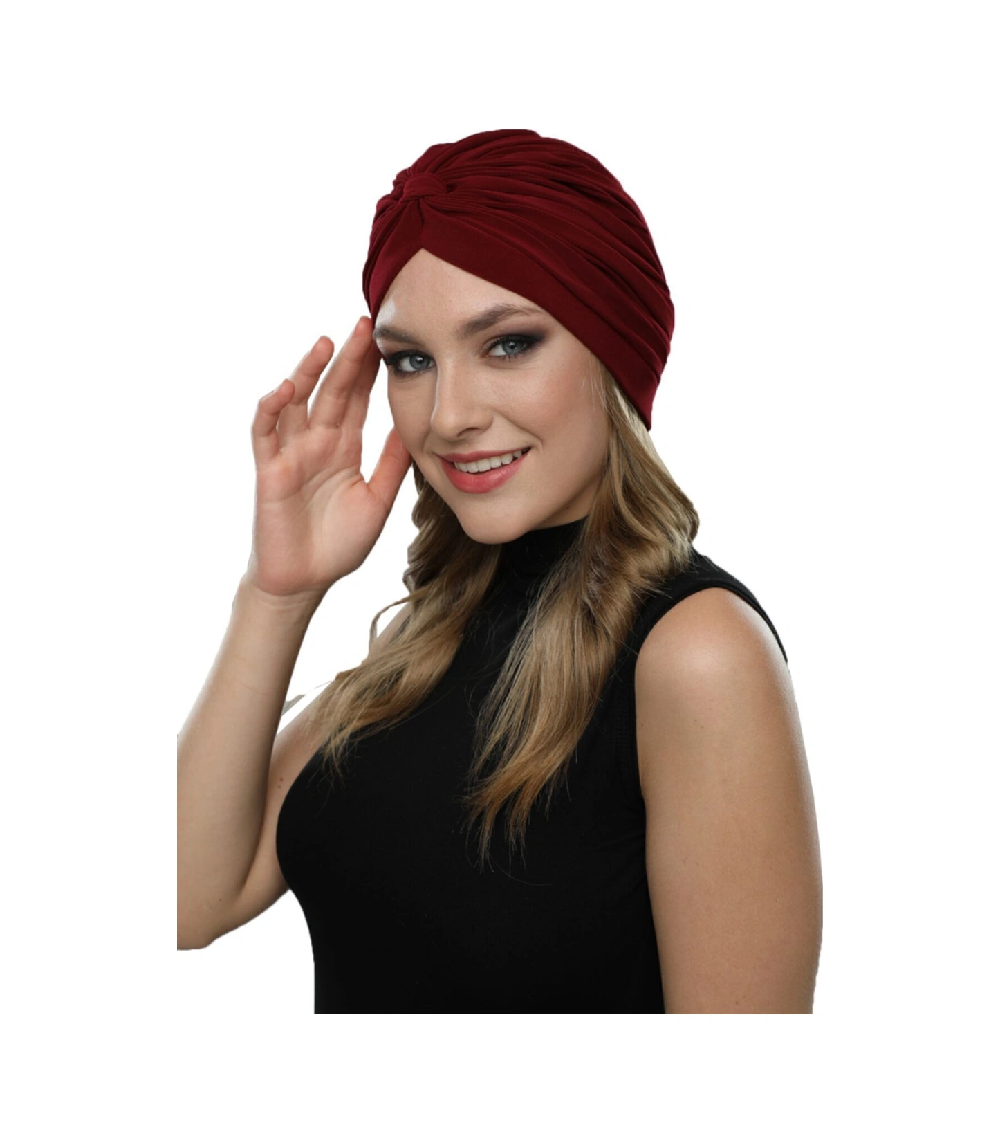 Çapraz Bantlı Bordo Hazır Türban Tesettür Havuz Bonesi Bordo