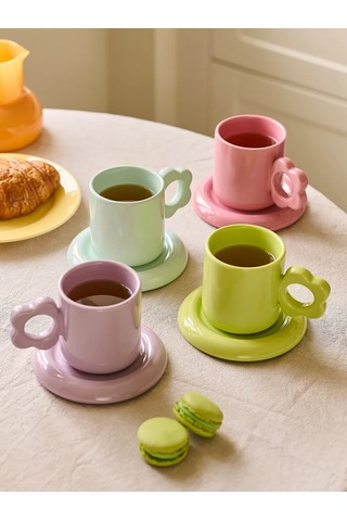 Roomi Seramik Çay Takımı 325 Ml, Kup Ve Halka Desenli Fincan Takımı 458193317 Pembe