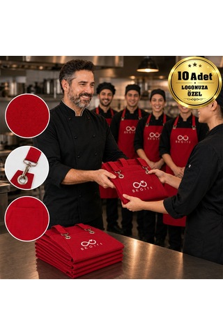 Logonuza Özel 10 Adet Kırmızı Profesyonel Mutfak Önlüğü - Su İticili Pamuk Kumaş Şef Önlüğü Bitmeyencom37877- Bk Kurumsal