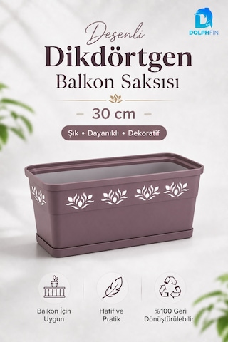 Desenli Dikdörtgen Balkon Saksısı 30x16,5x14,5 Cm Tabaklı Plastik Çiçek Saksısı Mürdüm