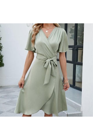 Hnxc Kadın Moda Yaz Bahar Düz Renk Baskı Kısa Kollu V Yaka Yüksek Bel Günlük Elbiseler Yeşil