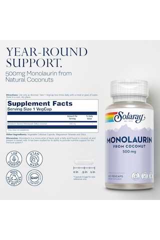 Solaray Monolaurin 500 Mg 60 Vegan Kapsüller Usa Menşeii Orijinal Dmmedicineden Aromasız