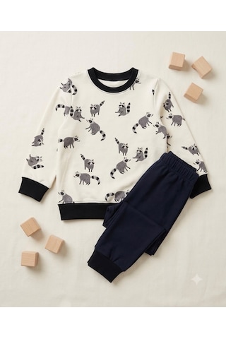 Hanova Creative Çocuk Pijama Takımı Rakun Desenli Kışlık Alt Üst Takım Siyah - Beyaz