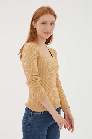 Fashion Friends Kadın Kare Yaka Saç Örgülü Kazak 23k0405k1 Camel