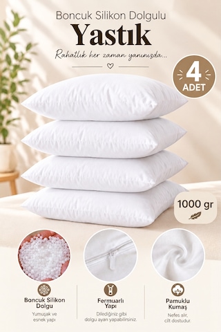 4 Adet Boncuk Silikon Yastık Fermuarlı 50x70 İç Yastık 1000 Gram Beyaz