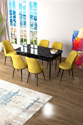 Canisa Concept Zen Serisi 80x132 Mdf Açılabilir Siyah Mermer Desen Masa Takımı Ve 6 Hardal Sandalye Masa Siyah Sandalyeler Hardal