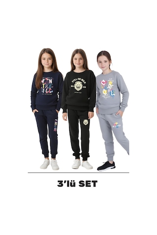 Fyk Kids 3'lü Kız Çocuk Yuvarlak Yaka Baskı Detaylı Eşofman Takımı Çok Renkli