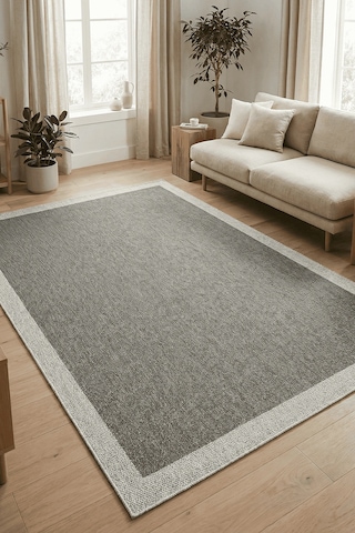 Hoom Rugs Lora 3207 Antrasit Çerçeveli Çizgili Pamuk Taban Hav Toz Vermez Sisal Halı