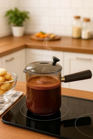 Jenisa Çok Amaçlı Isıya Dayanıklı Cam Cezve Sosluk 550 Ml - Saplı Modern Tasarım Sku: Smg8690010591005