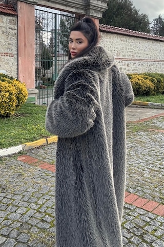 Açelyaokcu Premium Şal Yaka Mob Wife Suni Kürk Maxi Kadın Kaban Antrasit