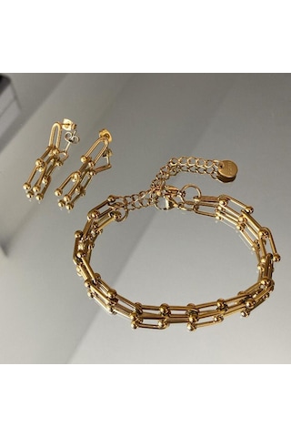 Trend Bileklik Küpe Çelik Set Gümüş