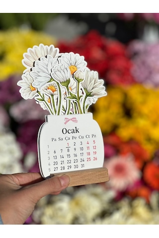 2026 Ahşap Ayaklı Çiçekli Mini Özel Tasarım, Masaüstü Takvim, Papatyalı Çiçek Buketi - Yeni Yıl