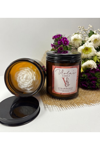 Violas Candle Amber Renk Cam Kavanoz Çilek Kokulu %100 Soya Wax Mum Beyaz