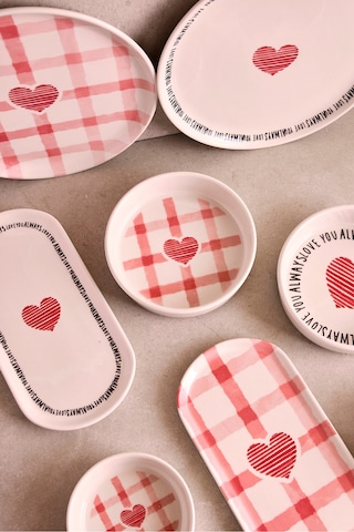 Hearts 14 Parça 6 Kişilik Kalpli Seramik Stackable Kahvaltı Seti Sunum Tabağı Cokrenklı Pembe