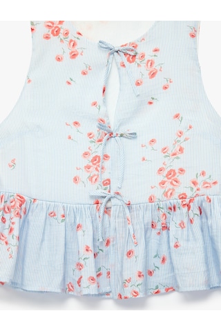 Koton Önden Bağcıklı Fiyonklu Kolsuz Peplum Kesim Çizgili Çiçek Baskılı Şifon Bluz Pembe Desenli 6sak30125ew