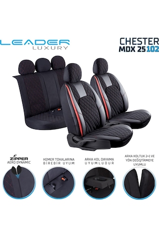 Toyota Avensis Lüx Yarı Deri Oto Koltuk Kılıfı Ön Arka Takım Chester Siyah Kırmızı