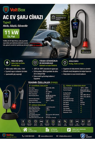 Voltbox Pro11 Taşınabilir Elektrikli Araç Şarj Cihazı 16a/11kw/380v 5 Metre -türkçe Menü 11 Kw