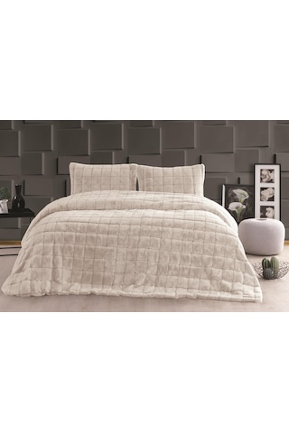 Merinos Luxe 3 Parça Çift Kişilik Yatak Örtüsü Seti Kutulu 230x250 Kareli Bej Bej