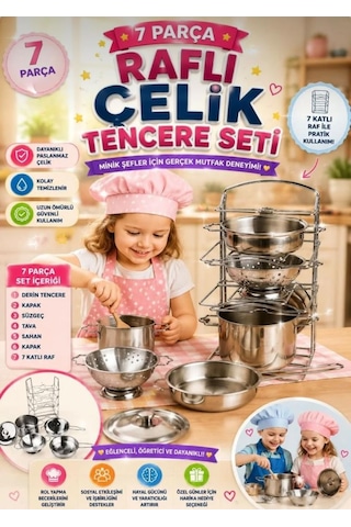 7 Parça Raflı Dayanıklı Paslanmaz Çelik Kolay Temizlenen Gerçekçi Oyuncak Tencere Seti