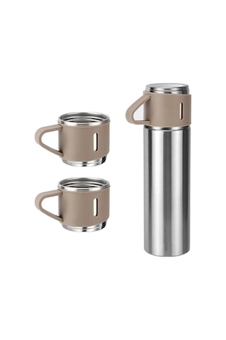 Kişiselleştirilebilir 3 Bardaklı Çelik Termos 05 Lt Crom Gümüş