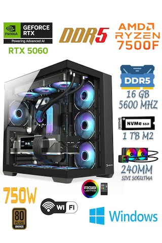 Apphirex Prime 75X Ryzen 5 7500F 16 GB 1 TB SSD RTX5060 W11P Masaüstü Oyuncu Bilgisayarı